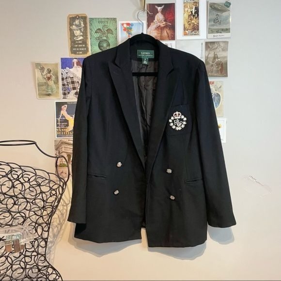 RALPH LAUREN LRL CREST LOGO EMBROIDERED DOUBLE BREASTED WOOL BLAZER BLACK 10 - Picture 1 of 8